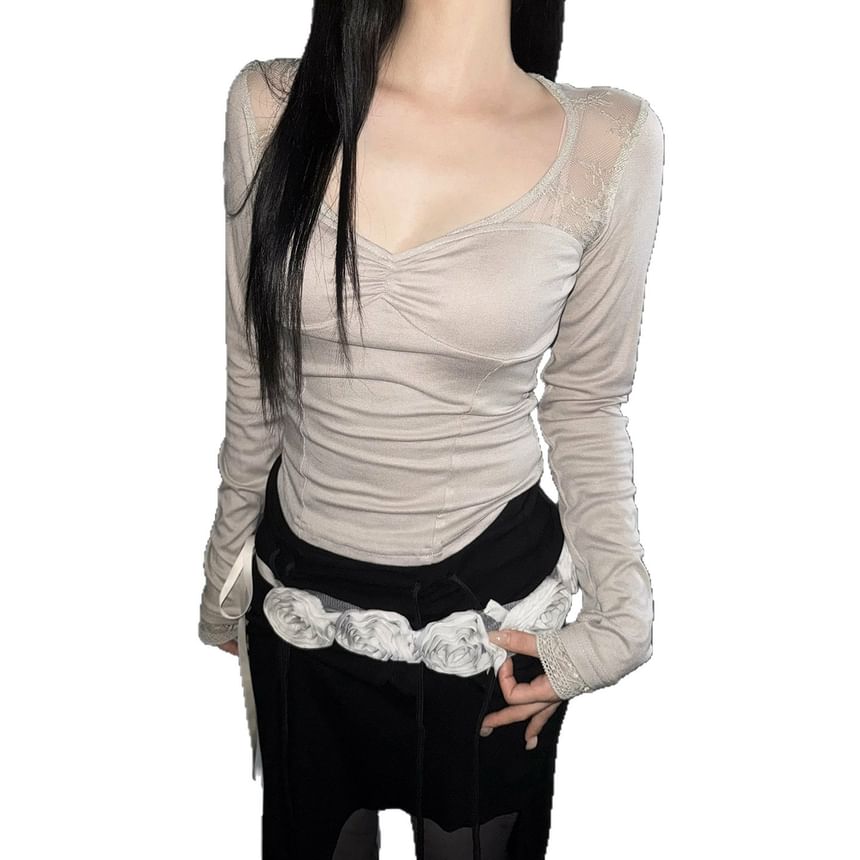 Scoop Neck Long Sleeve Tee with Lace Trim
