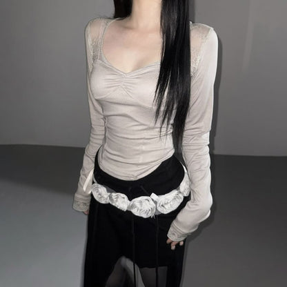 Scoop Neck Long Sleeve Tee with Lace Trim