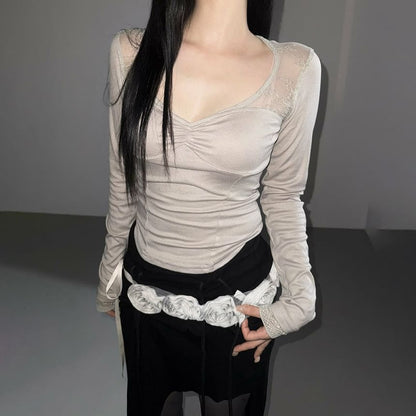 Scoop Neck Long Sleeve Tee with Lace Trim