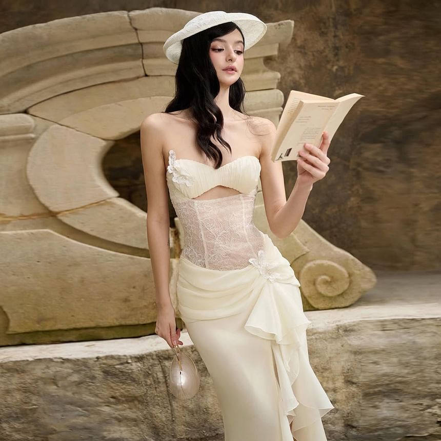 Plain Cutout Ruffle Slit Panel Lace Maxi Sheath Tube Dress