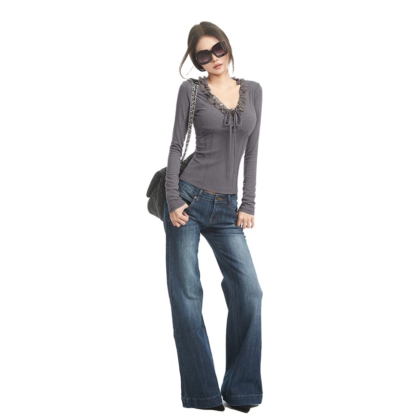 V-Neck Long Sleeve Tee with Lace Accents