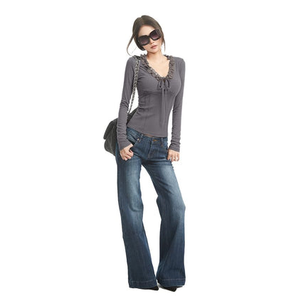 V-Neck Long Sleeve Tee with Lace Accents
