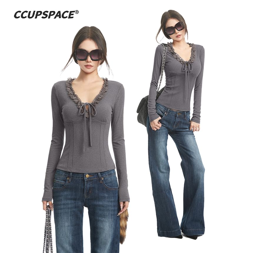 V-Neck Long Sleeve Tee with Lace Accents