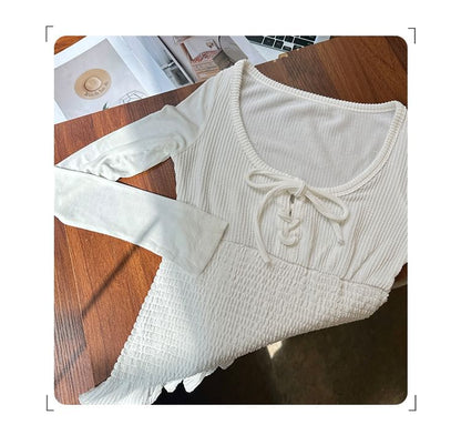 Long-Sleeve Scoop Neck Plain Lace Up Ruffle Trim T-Shirt