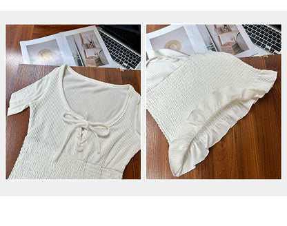 Long-Sleeve Scoop Neck Plain Lace Up Ruffle Trim T-Shirt