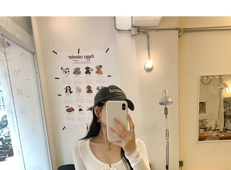Long-Sleeve Scoop Neck Plain Lace Up Ruffle Trim T-Shirt