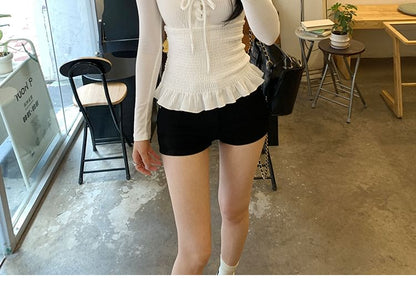 Long-Sleeve Scoop Neck Plain Lace Up Ruffle Trim T-Shirt