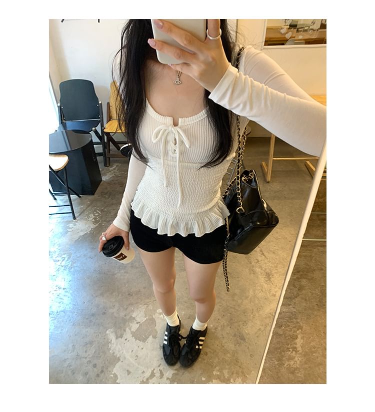 Long-Sleeve Scoop Neck Plain Lace Up Ruffle Trim T-Shirt