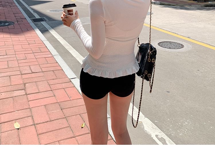 Long-Sleeve Scoop Neck Plain Lace Up Ruffle Trim T-Shirt