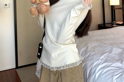 Turtleneck Knit Top with Lace Trim and Long Sleeves