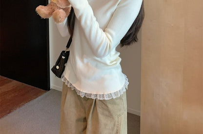 Turtleneck Knit Top with Lace Trim and Long Sleeves