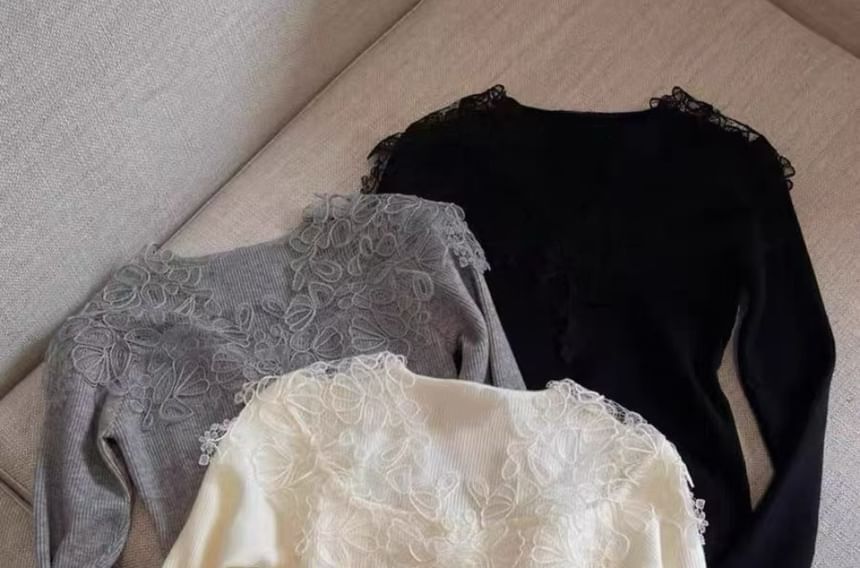 Long-Sleeve V-Neck Lace Panel Knit Top