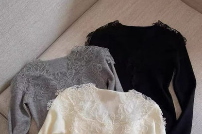 Long-Sleeve V-Neck Lace Panel Knit Top