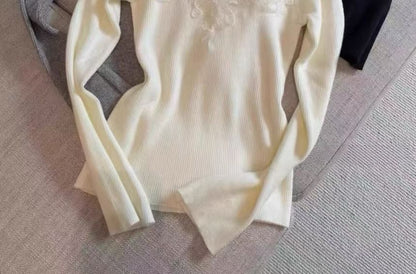 Long-Sleeve V-Neck Lace Panel Knit Top