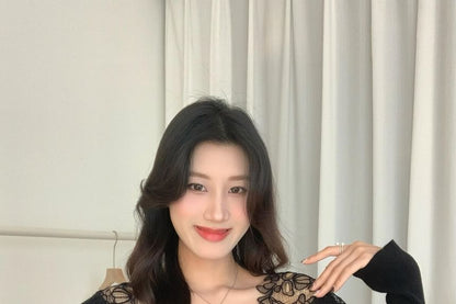 Long-Sleeve V-Neck Lace Panel Knit Top