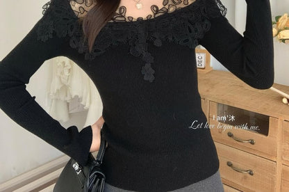 Long-Sleeve V-Neck Lace Panel Knit Top