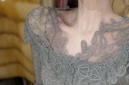 Long-Sleeve V-Neck Lace Panel Knit Top