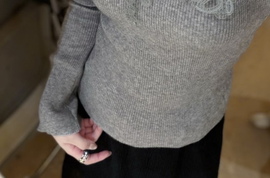 Long-Sleeve V-Neck Lace Panel Knit Top