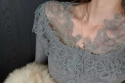 Long-Sleeve V-Neck Lace Panel Knit Top