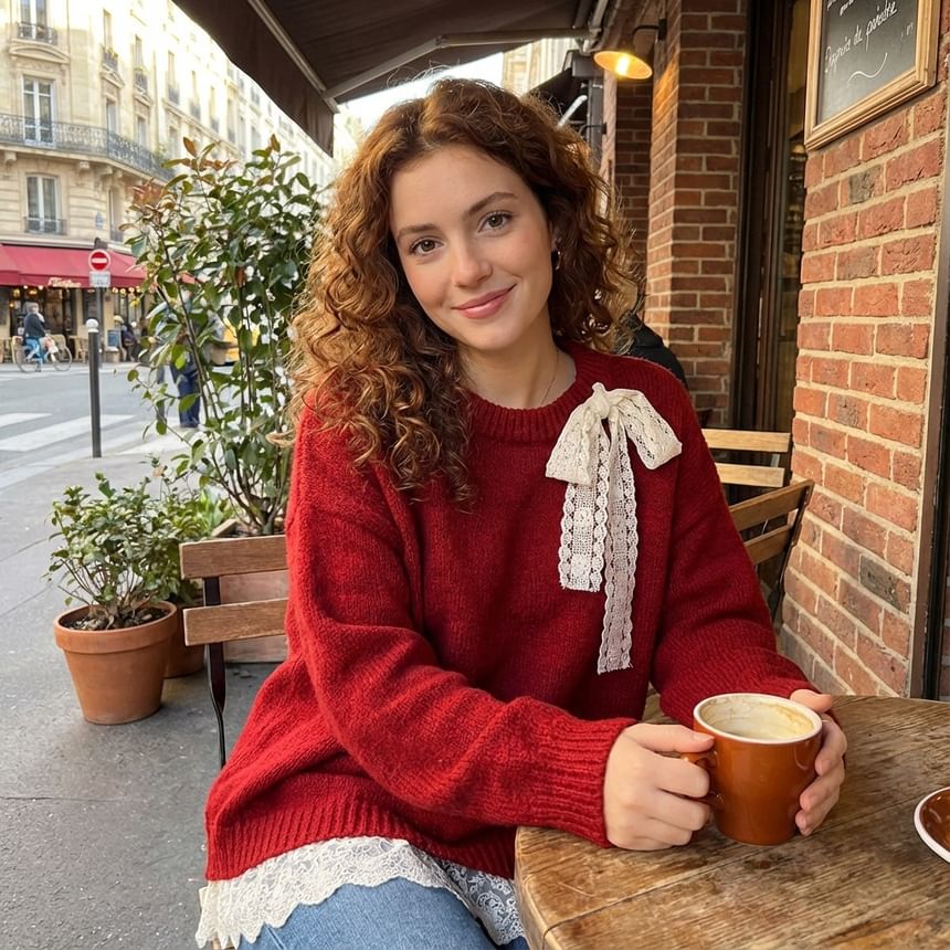Oversized Round Neck Sweater with Lace Trim
