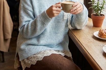 Oversized Round Neck Sweater with Lace Trim