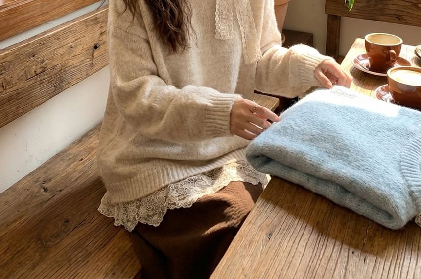 Oversized Round Neck Sweater with Lace Trim