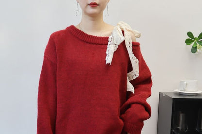 Oversized Round Neck Sweater with Lace Trim