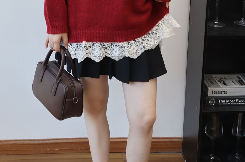 Oversized Round Neck Sweater with Lace Trim