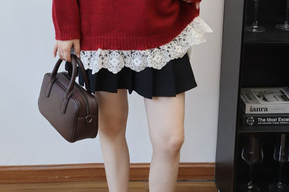Oversized Round Neck Sweater with Lace Trim