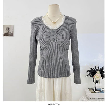 Round Neck Ruched Knit Top with Lace Panels