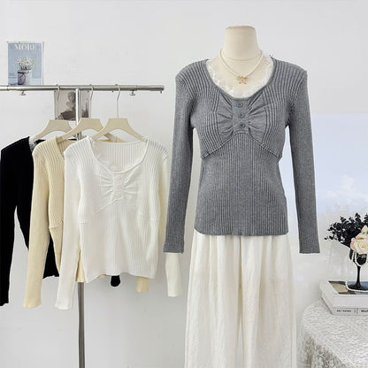 Round Neck Ruched Knit Top with Lace Panels