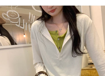Henley Mock Layer Long Sleeve Top