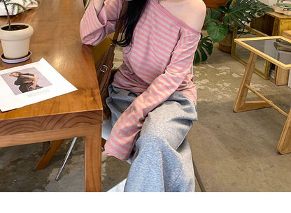 One-Shoulder Striped Long Sleeve Tee