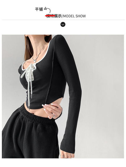 Scoop Neck Asymmetrical Cropped Tee with Lace-Up Trim