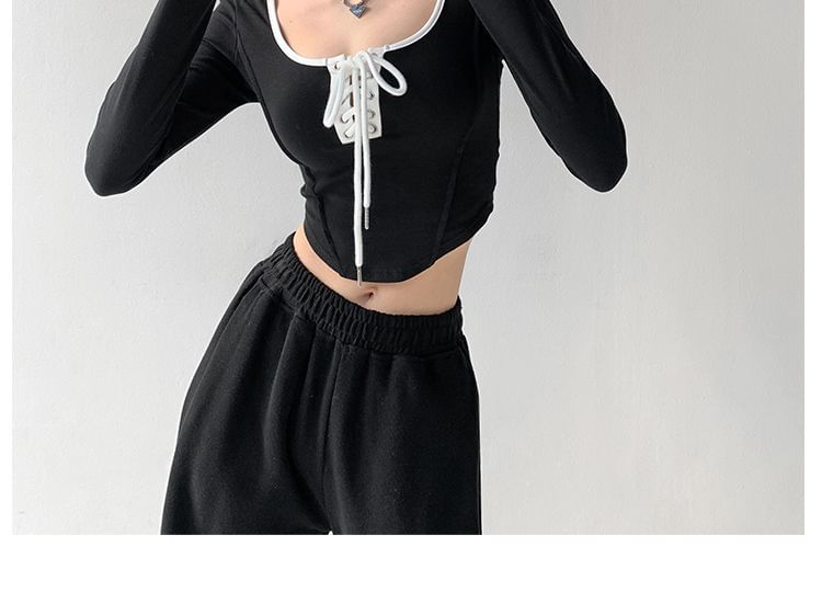Scoop Neck Asymmetrical Cropped Tee with Lace-Up Trim