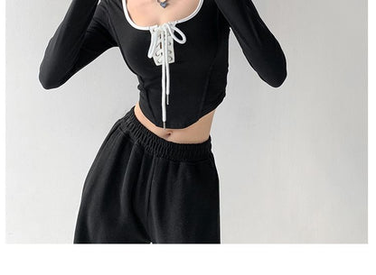 Scoop Neck Asymmetrical Cropped Tee with Lace-Up Trim