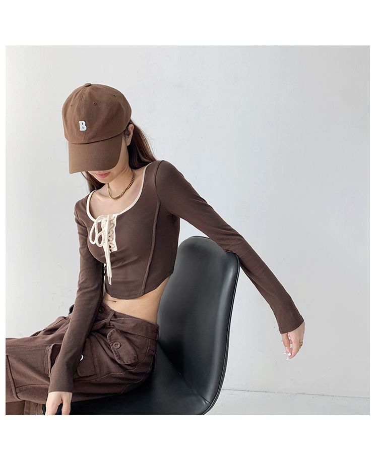 Scoop Neck Asymmetrical Cropped Tee with Lace-Up Trim