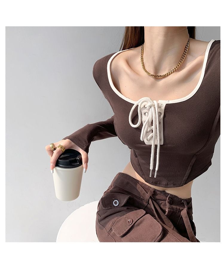 Scoop Neck Asymmetrical Cropped Tee with Lace-Up Trim