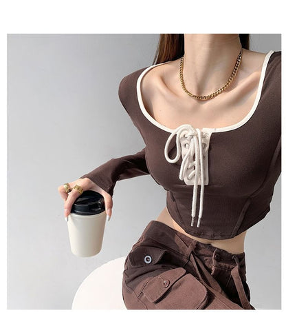 Scoop Neck Asymmetrical Cropped Tee with Lace-Up Trim