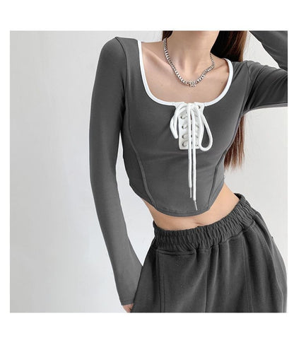 Scoop Neck Asymmetrical Cropped Tee with Lace-Up Trim