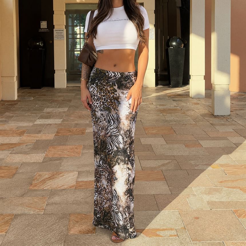 Mid-Rise Leopard Zebra Print Maxi Pencil Skirt