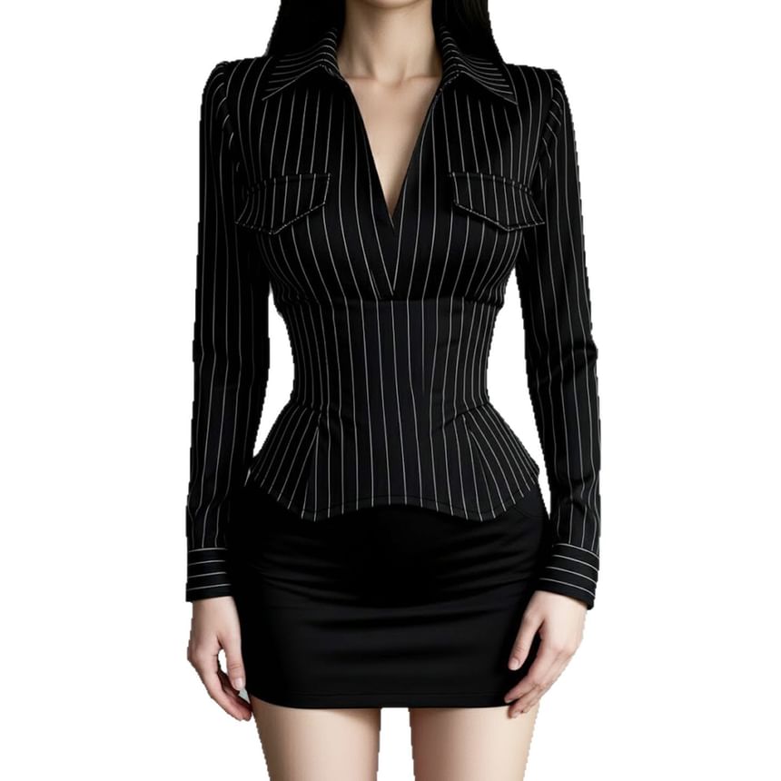 Long-Sleeve Collared V-Neck Pinstripe Top
