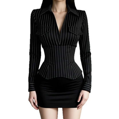 Long-Sleeve Collared V-Neck Pinstripe Top