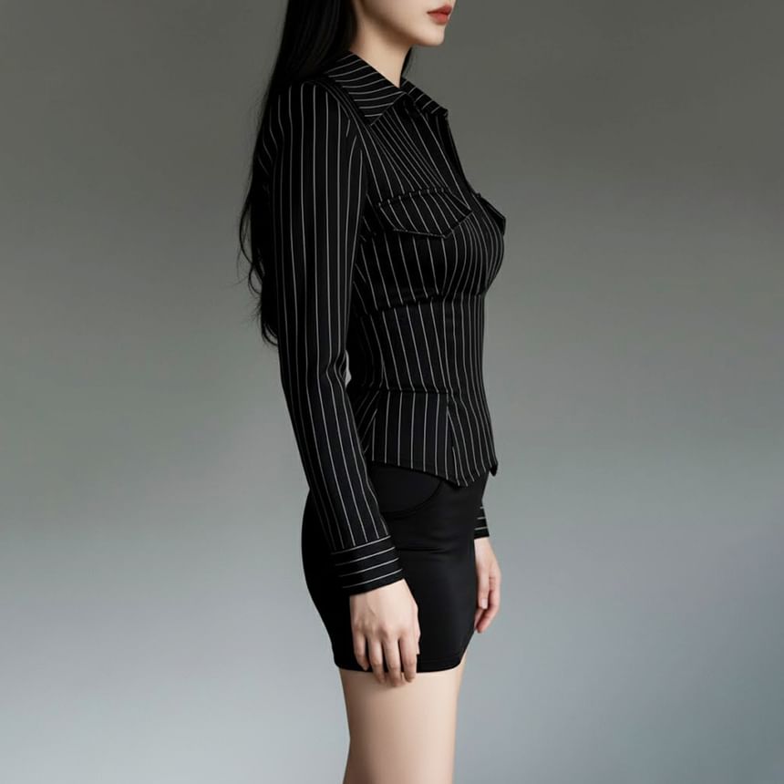 Long-Sleeve Collared V-Neck Pinstripe Top