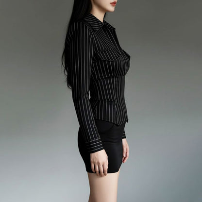 Long-Sleeve Collared V-Neck Pinstripe Top