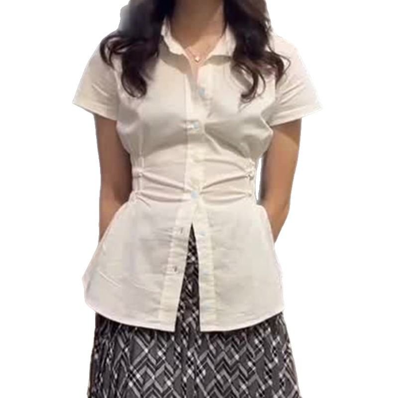 Short-Sleeve Collared Shirred Shirt