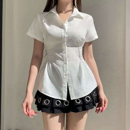 Short-Sleeve Collared Shirred Shirt