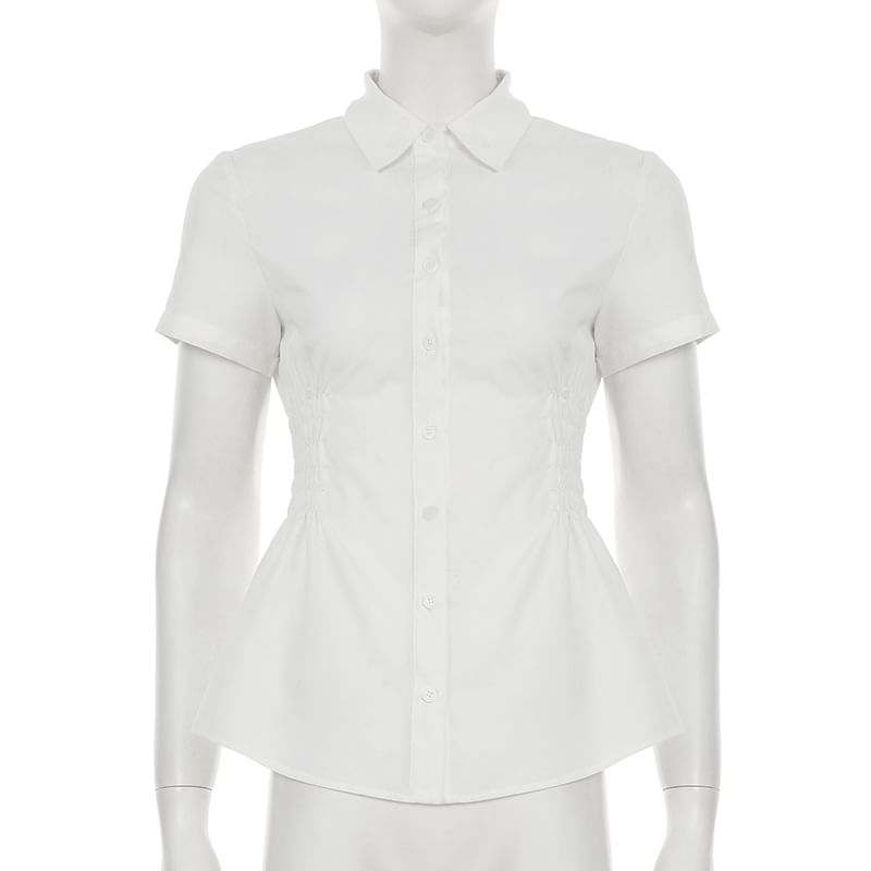 Short-Sleeve Collared Shirred Shirt