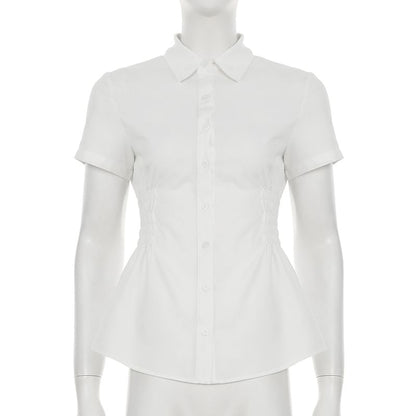 Short-Sleeve Collared Shirred Shirt