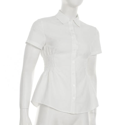 Short-Sleeve Collared Shirred Shirt